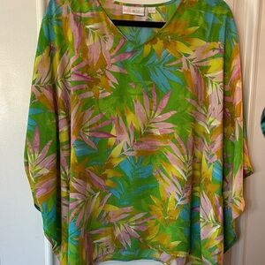 Belle by Kim Gravel Leaf Print Blouse - Green, Pink, Yellow